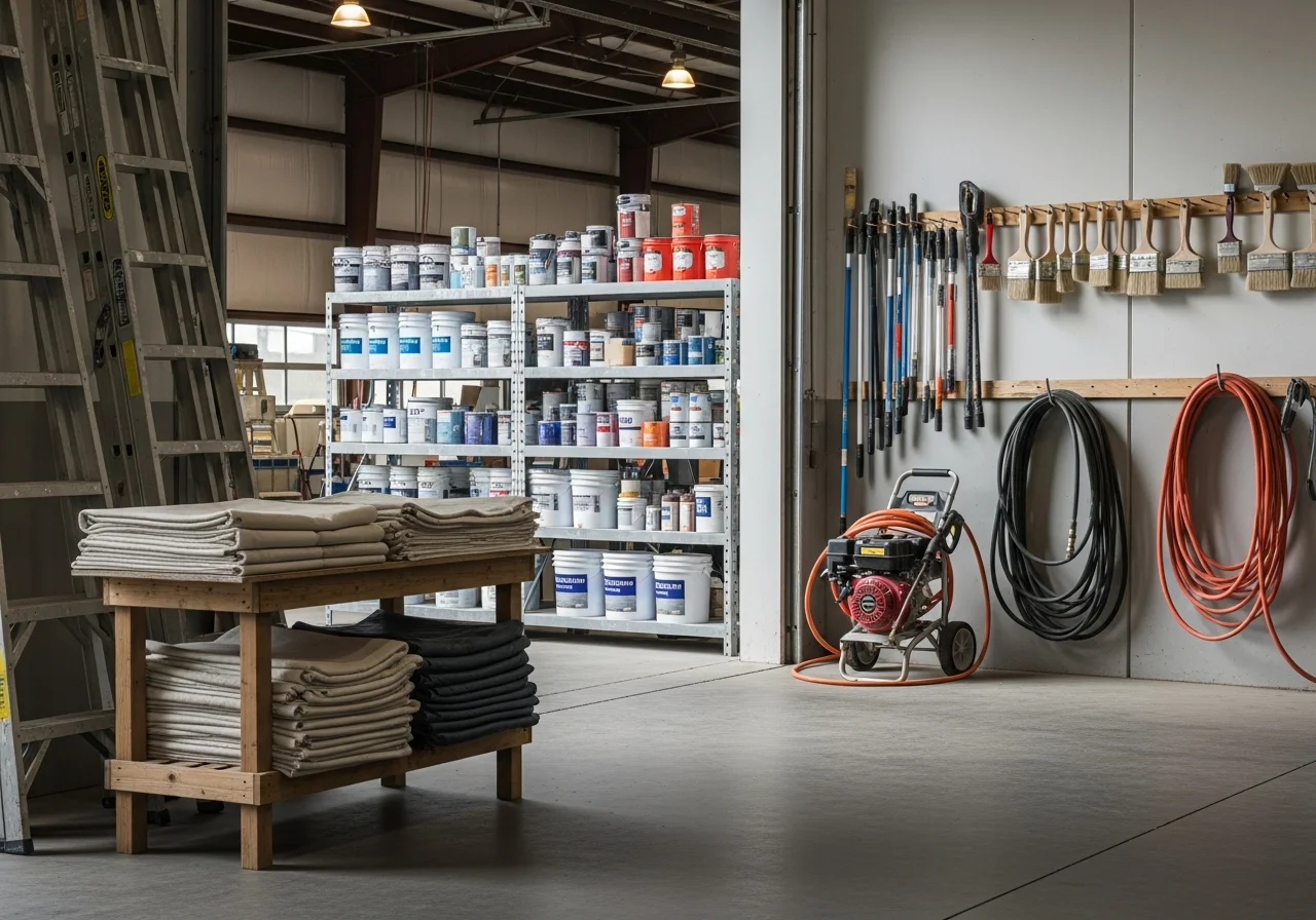 Professional painting crew with equipment and materials ready for residential project work.