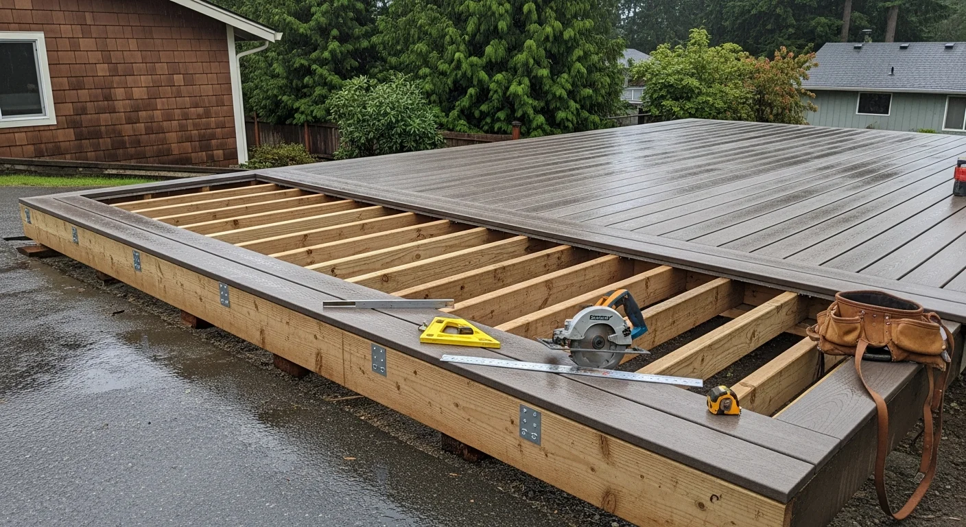 New residential deck with railings and stairs
