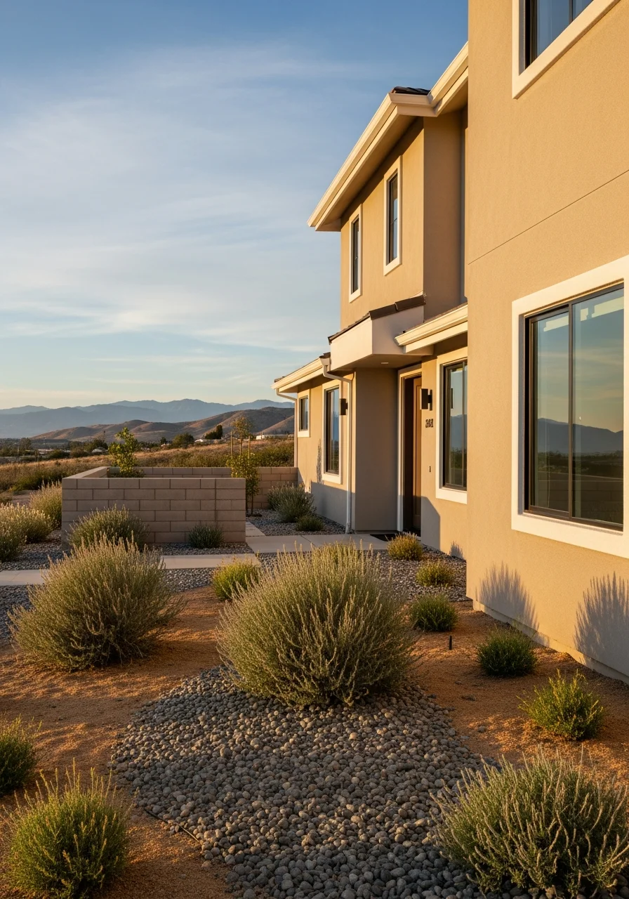 Close-up of a Lancaster home exterior showing desert landscaping and modern construction typical of the region.
