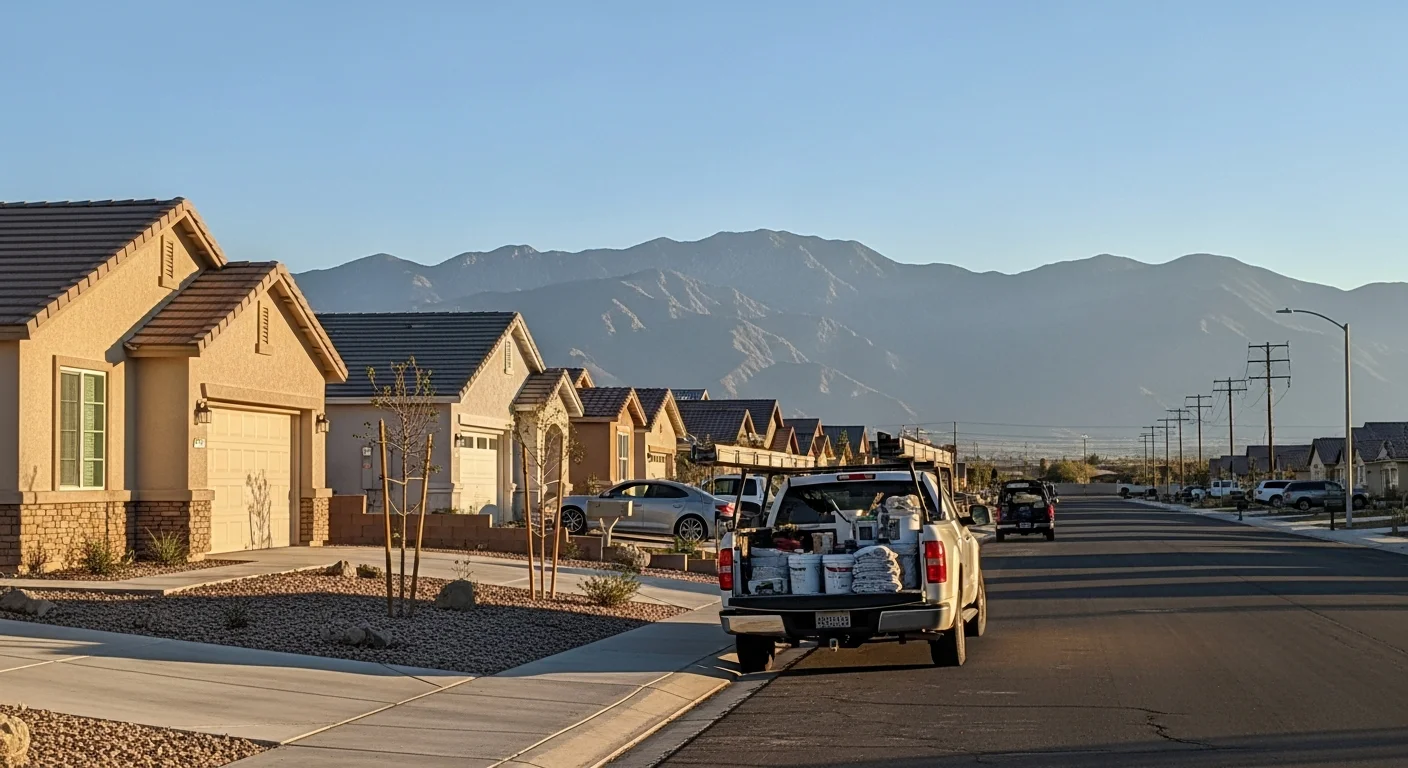Wide view of Antelope Valley residential neighborhood with desert mountains in the distance and clear blue sky.