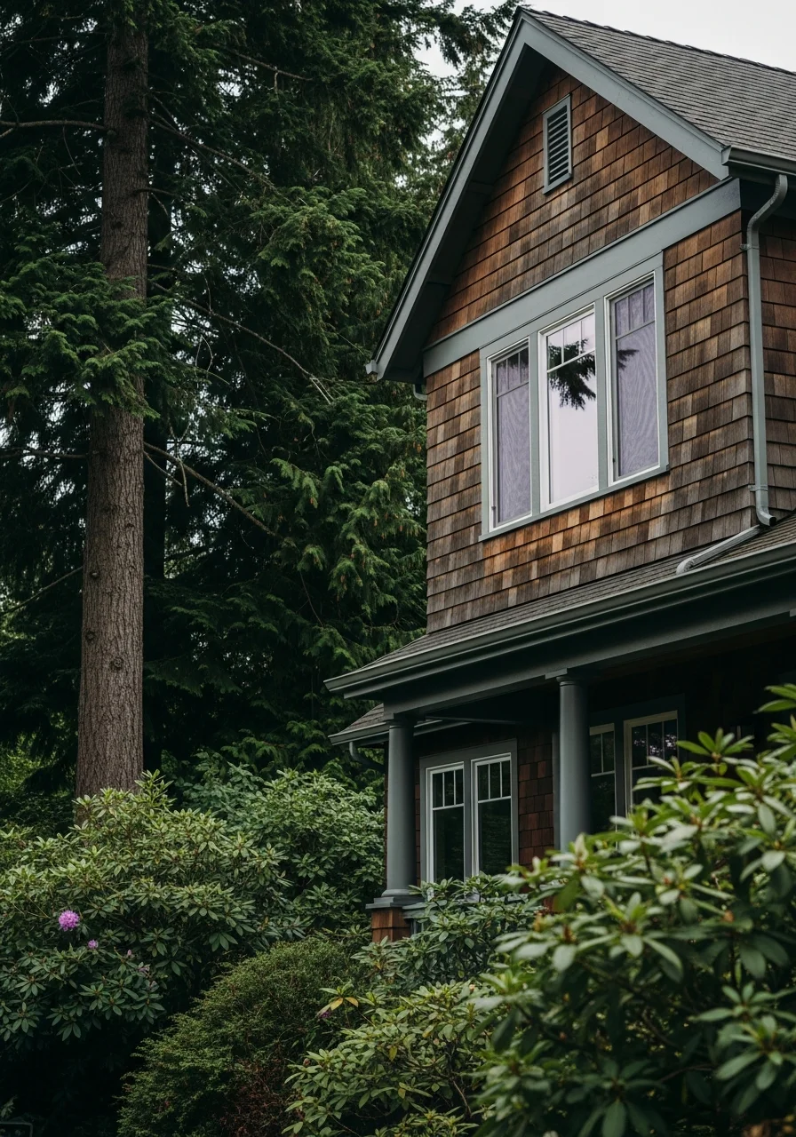 Close-up of a typical King County home exterior showing Pacific Northwest architecture and mature landscaping.