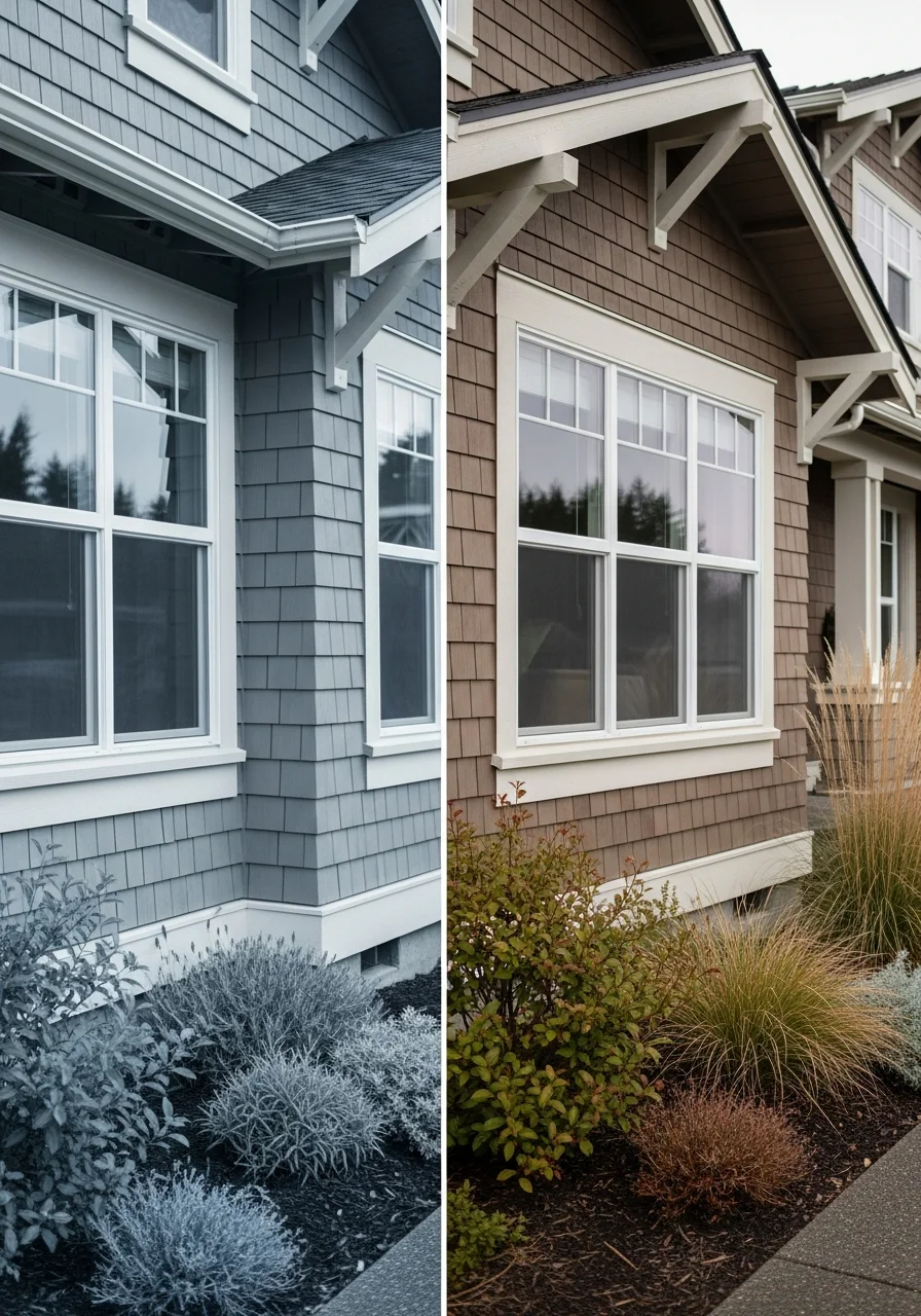 Close-up of a Kitsap County waterfront home showing maritime architecture and coastal landscaping.