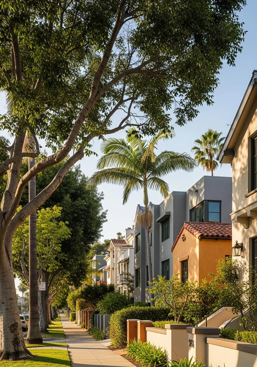 Street-level shot of a classic Los Angeles residential street with mature trees and diverse architectural styles.