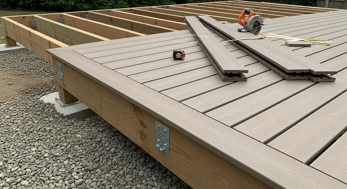 A newly constructed wood-framed backyard deck with railing and stairs attached to a single-family home in Antelope Valley, CA. The deck extends from the rear of the house across a dry, sun-exposed yard typical of the high desert region.