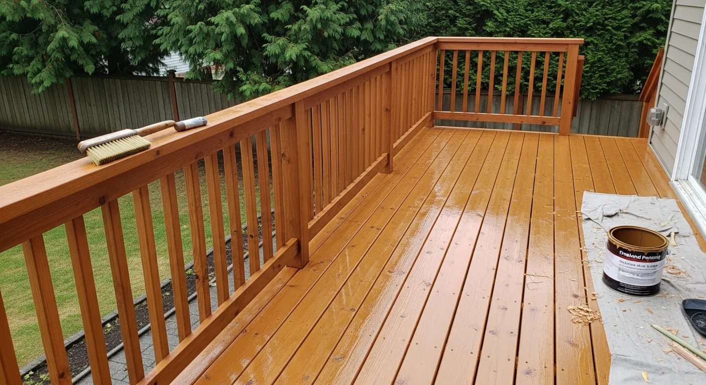 A freshly finished wood deck in Antelope Valley, CA showing even stain color across the boards and clean railing edges. The deck surface shows no cracking or graying, with a smooth protective finish applied by Freeland Painting.