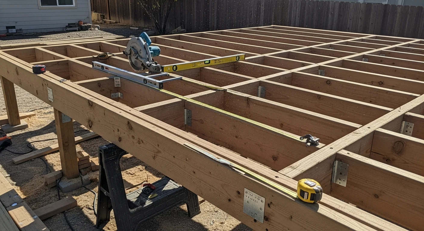 A newly installed wood-framed backyard deck with railings and steps attached to a single-story home in Antelope Valley, CA. The deck surface is clean and level, set against a dry, sun-exposed yard typical of the high desert region.