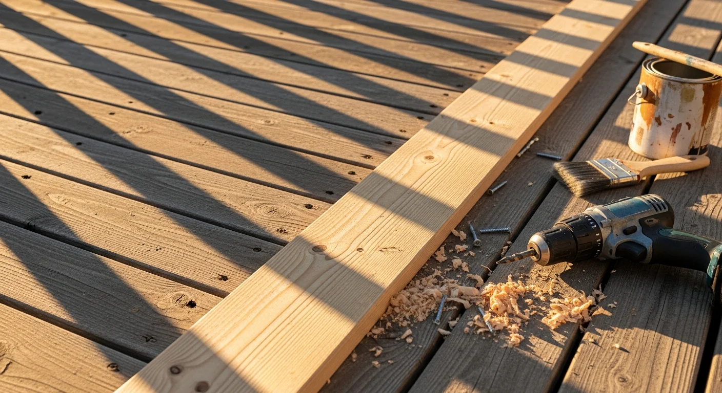 A repaired wood deck on a residential home in Antelope Valley, CA, showing freshly replaced boards and a newly applied stain finish. The deck surface is smooth and even, with secure railings visible against a clear high-desert sky.