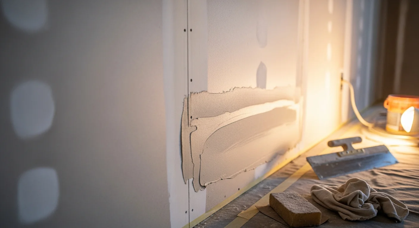 A freshly finished interior wall in an Antelope Valley home showing a smooth, seamless surface with no visible tape lines or texture inconsistencies. The wall is sanded and ready for paint in a residential room with bright natural desert light coming through the window.