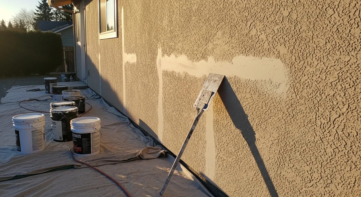 A freshly painted single-story stucco home exterior in Antelope Valley, CA, with clean trim lines and an even finish on the main body and garage door. The surrounding landscape reflects the high-desert setting typical of the Lancaster and Palmdale area.