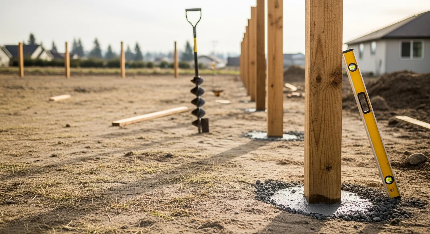 A newly installed wood privacy fence along the backyard perimeter of a single-family home in Antelope Valley, CA, with posts set in concrete and clean board alignment. The fence runs the full length of the property line under a clear high-desert sky.