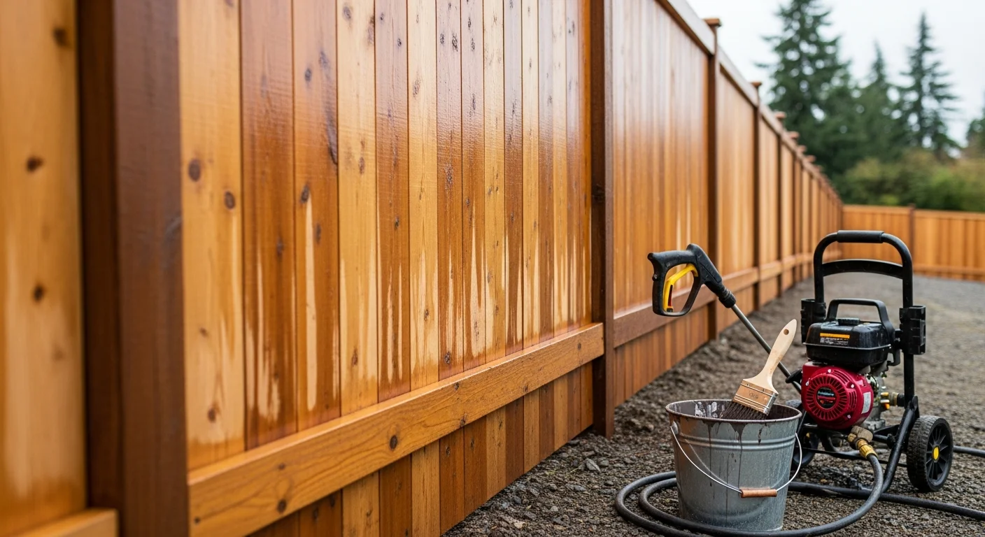 A wood privacy fence along a residential property in Antelope Valley, CA, showing freshly cleaned and sealed boards with straight posts set against a dry, sun-exposed yard. A contractor inspects the lower fence rail for signs of cracking or post movement.