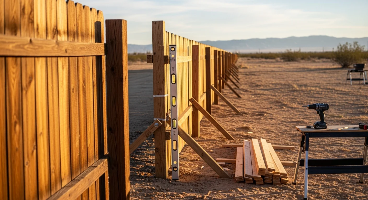 A repaired wood privacy fence along a residential backyard in Antelope Valley, CA, with straight posts and uniform boards. A re-hung gate with aligned hardware sits at the fence opening, showing a clean finished repair.