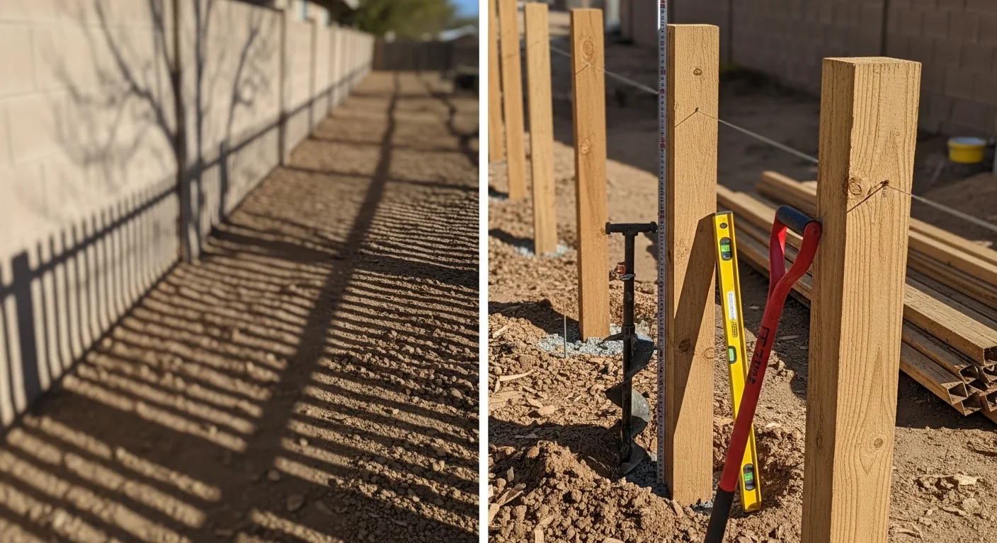 A newly installed wood privacy fence along a residential property line in Antelope Valley, CA, with clean vertical boards and a level top rail. The surrounding yard shows dry, sun-baked soil typical of the high desert landscape.
