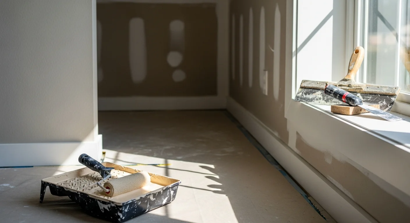 A freshly painted living room interior in an Antelope Valley, CA home, showing smooth walls with clean trim lines and even color coverage. The room features updated wall color on drywall surfaces typical of single-family homes in the Lancaster and Palmdale area.