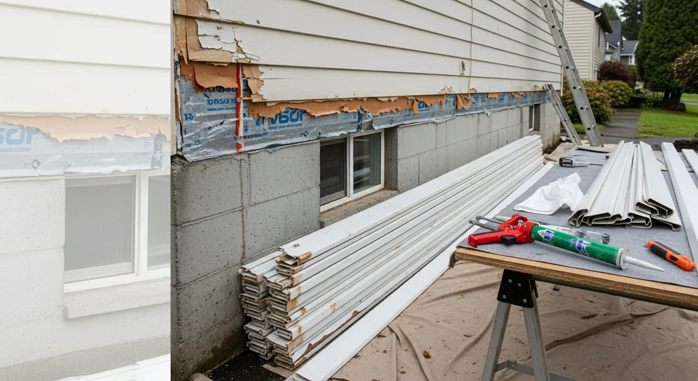 A Freeland Painting crew member repairing cracked and wind-damaged siding panels on a single-family home in Antelope Valley, CA. The repaired section shows fresh, flush panels matched to the surrounding exterior wall.