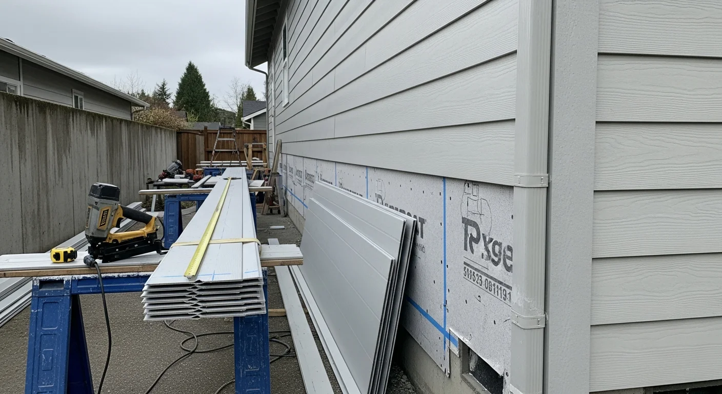 A freshly sided single-family home in Antelope Valley, CA, showing clean panel lines and new trim against a clear high-desert sky. The completed exterior replacement by Freeland Painting shows tight seams at corners and around window frames.