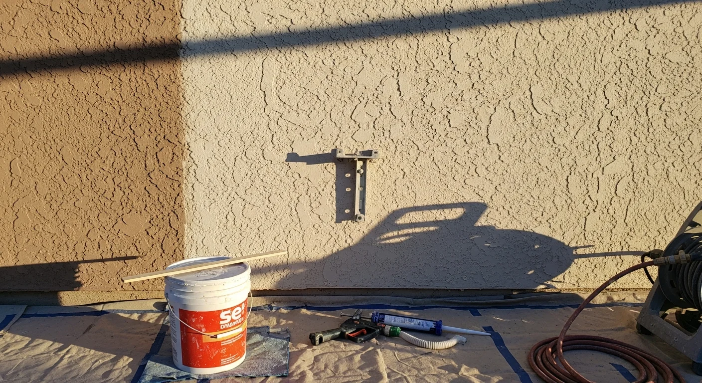 A freshly painted single-story stucco home exterior in Antelope Valley, CA, showing clean, even color coverage across the textured surface with no visible cracks or fading. The desert landscape and clear sky are visible in the background.